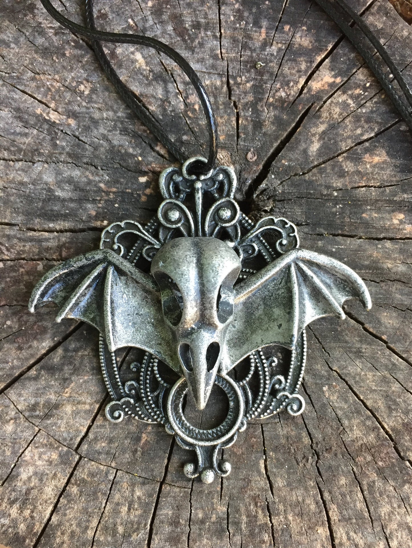 Deathbat Winged Crow Skull Gothic Necklace Pendant, Halloween Costume Jewelry