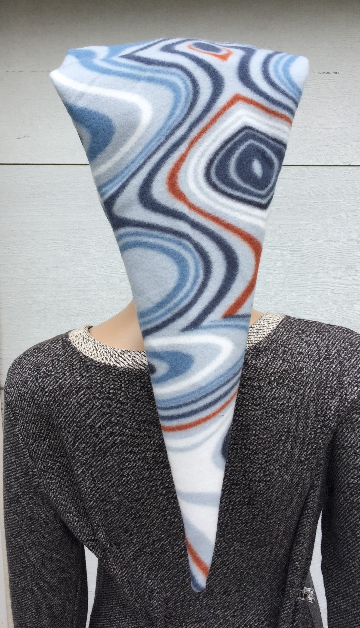White Blue Slate Swirl Pixie Hat Long Elven Cap in Bright Warm Fleece