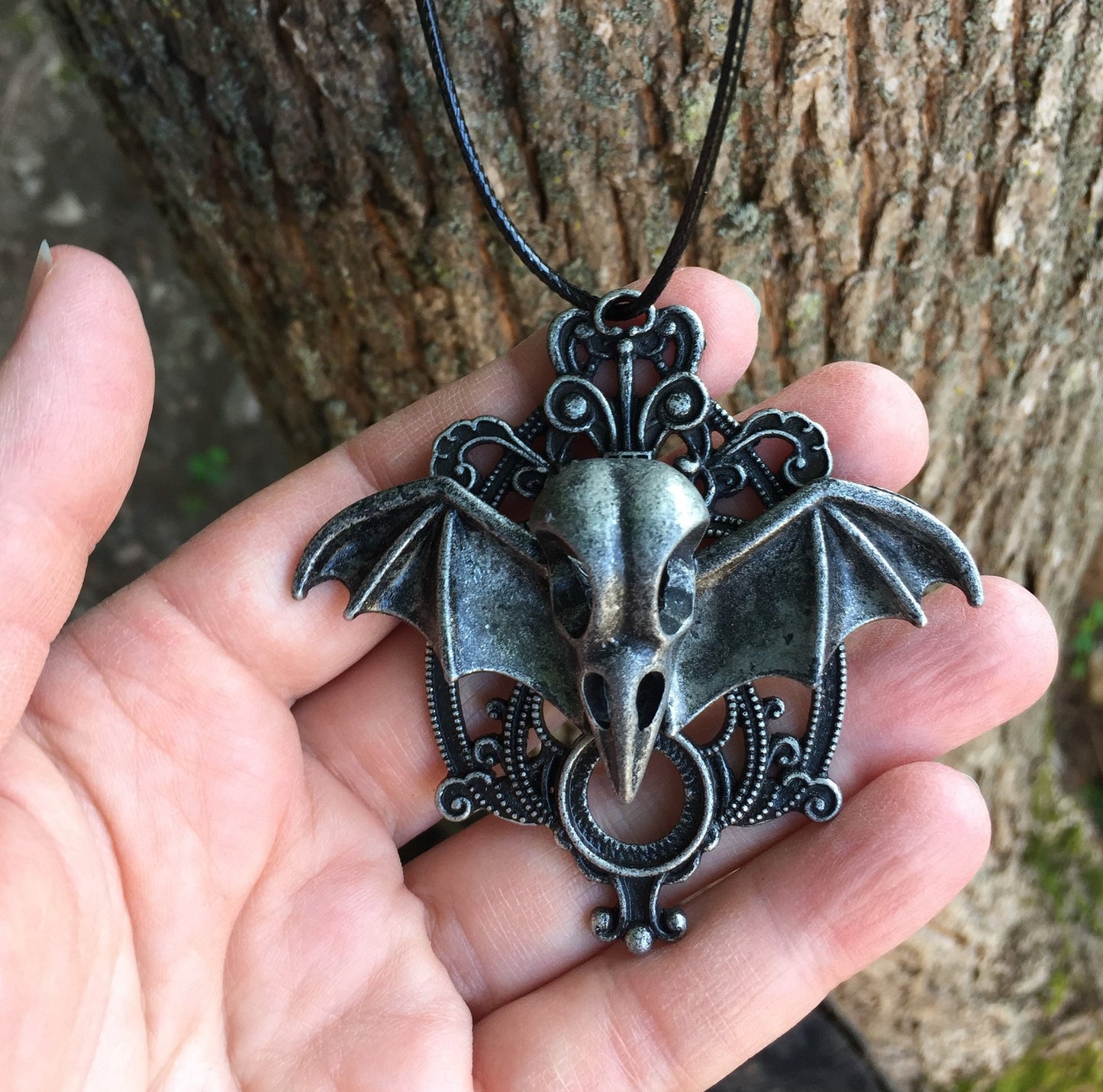 Deathbat Winged Crow Skull Gothic Necklace Pendant, Halloween Costume Jewelry