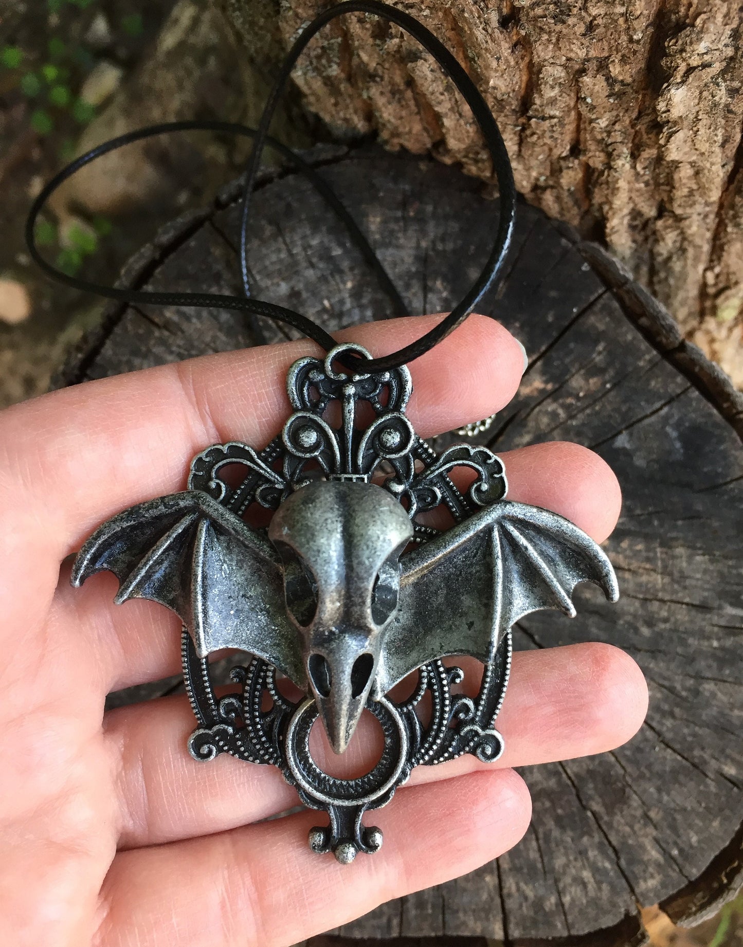Deathbat Winged Crow Skull Gothic Necklace Pendant, Halloween Costume Jewelry