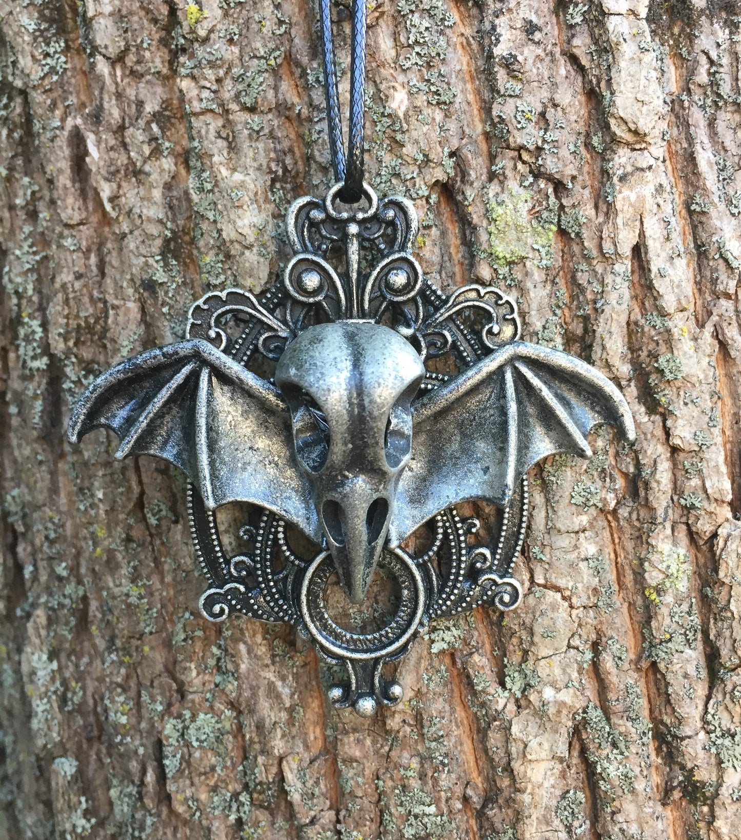 Deathbat Winged Crow Skull Gothic Necklace Pendant, Halloween Costume Jewelry