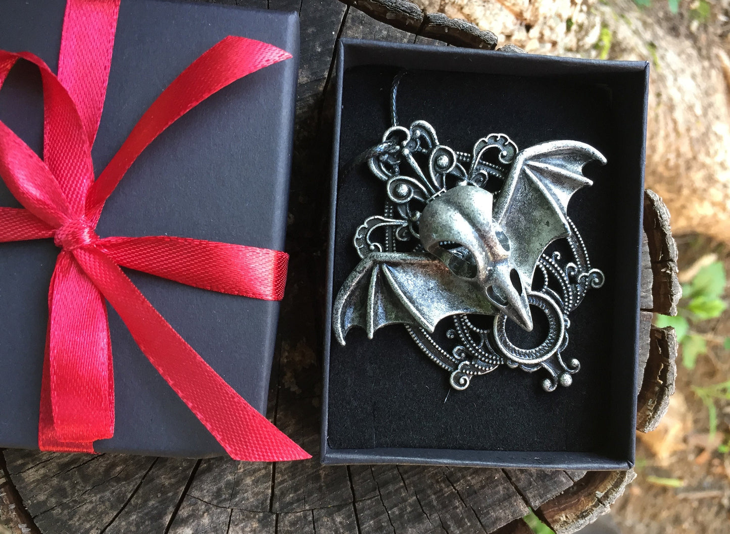 Deathbat Winged Crow Skull Gothic Necklace Pendant, Halloween Costume Jewelry
