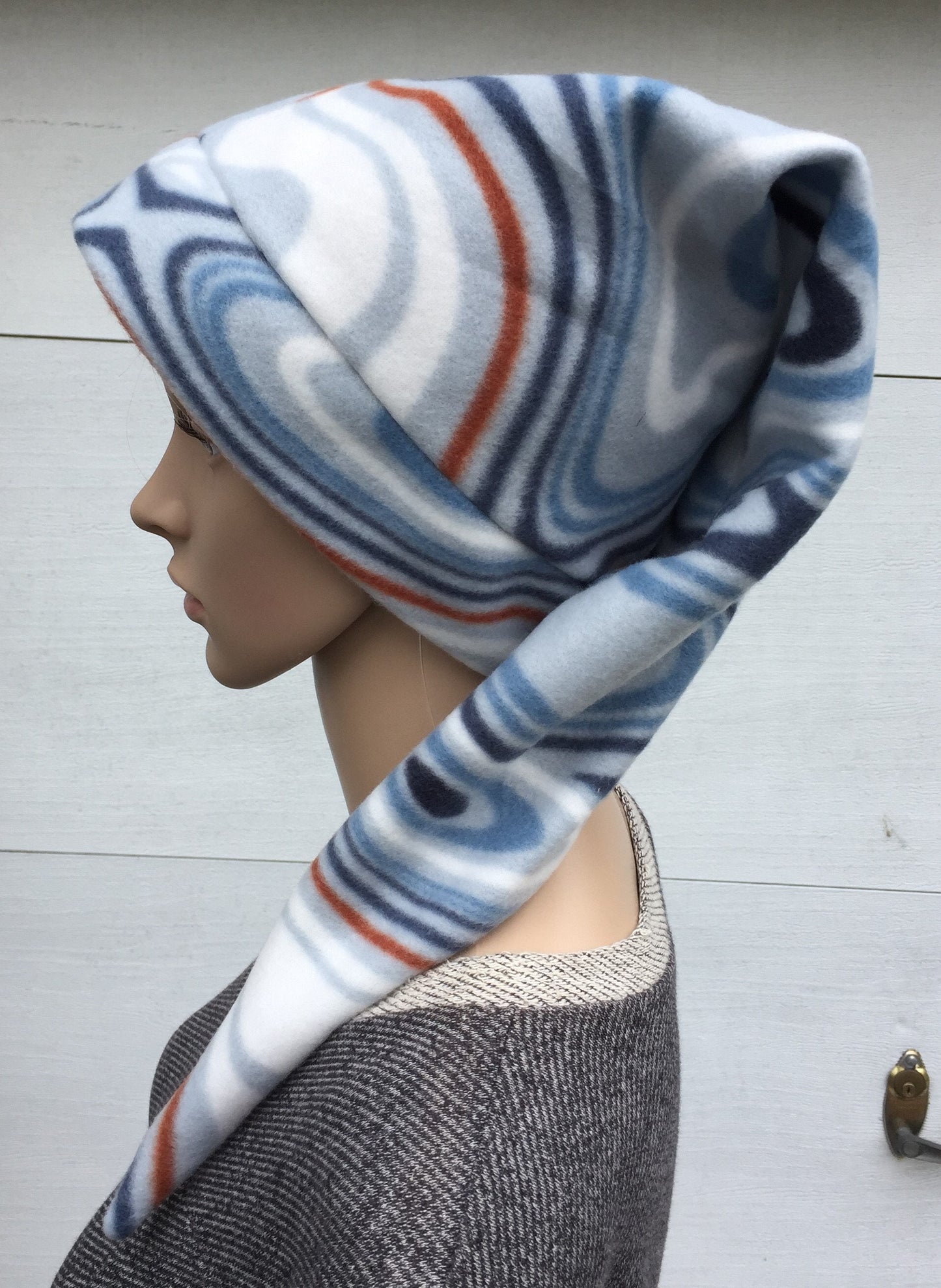 White Blue Slate Swirl Pixie Hat Long Elven Cap in Bright Warm Fleece