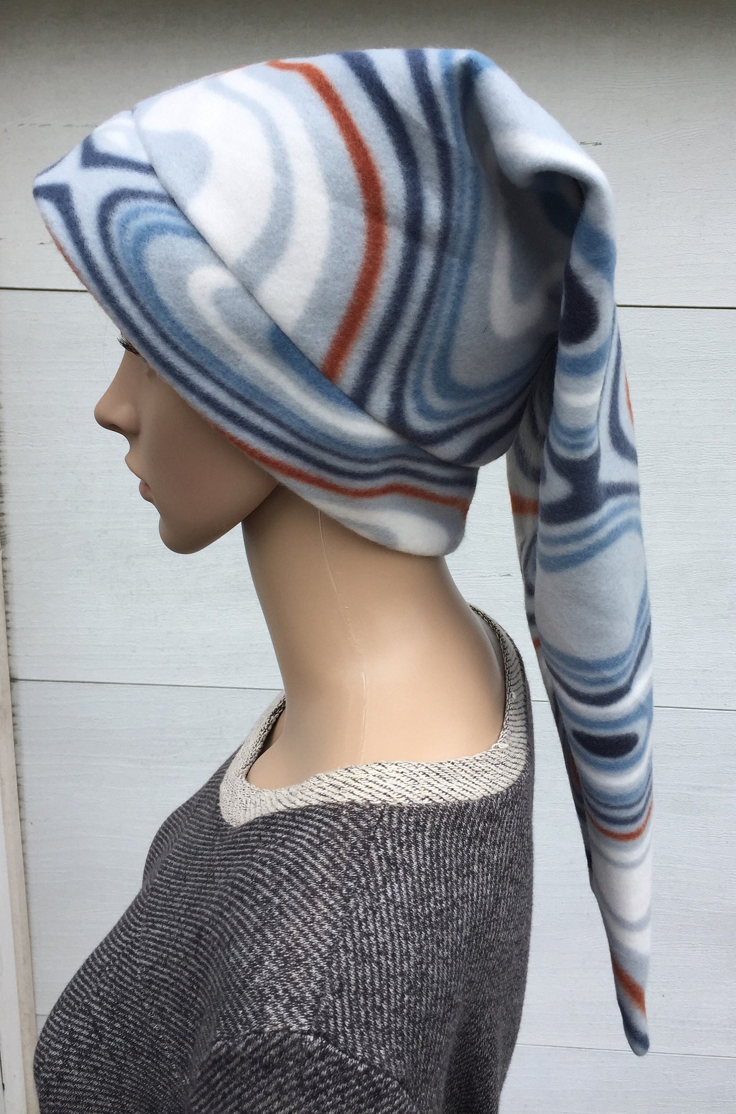White Blue Slate Swirl Pixie Hat Long Elven Cap in Bright Warm Fleece
