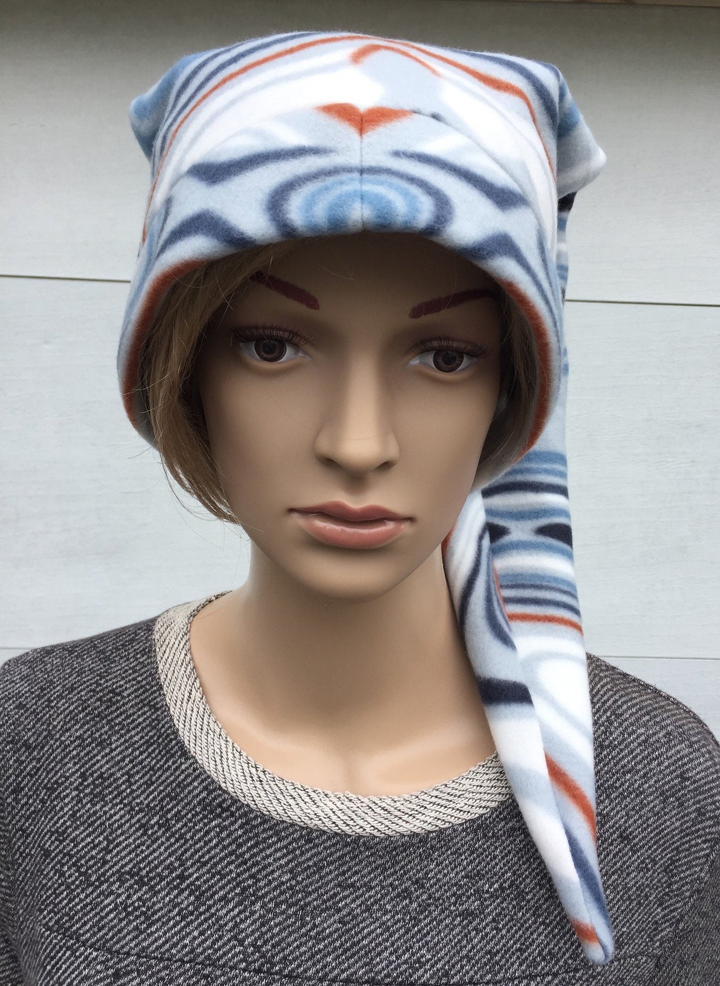 White Blue Slate Swirl Pixie Hat Long Elven Cap in Bright Warm Fleece
