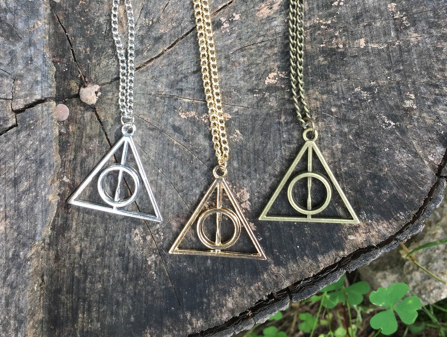 HP Inspired Wizard Cloak Stone Wand Silver Gold Bronze Necklace Pendant, Bookish Jewelry, Gifts for Readers