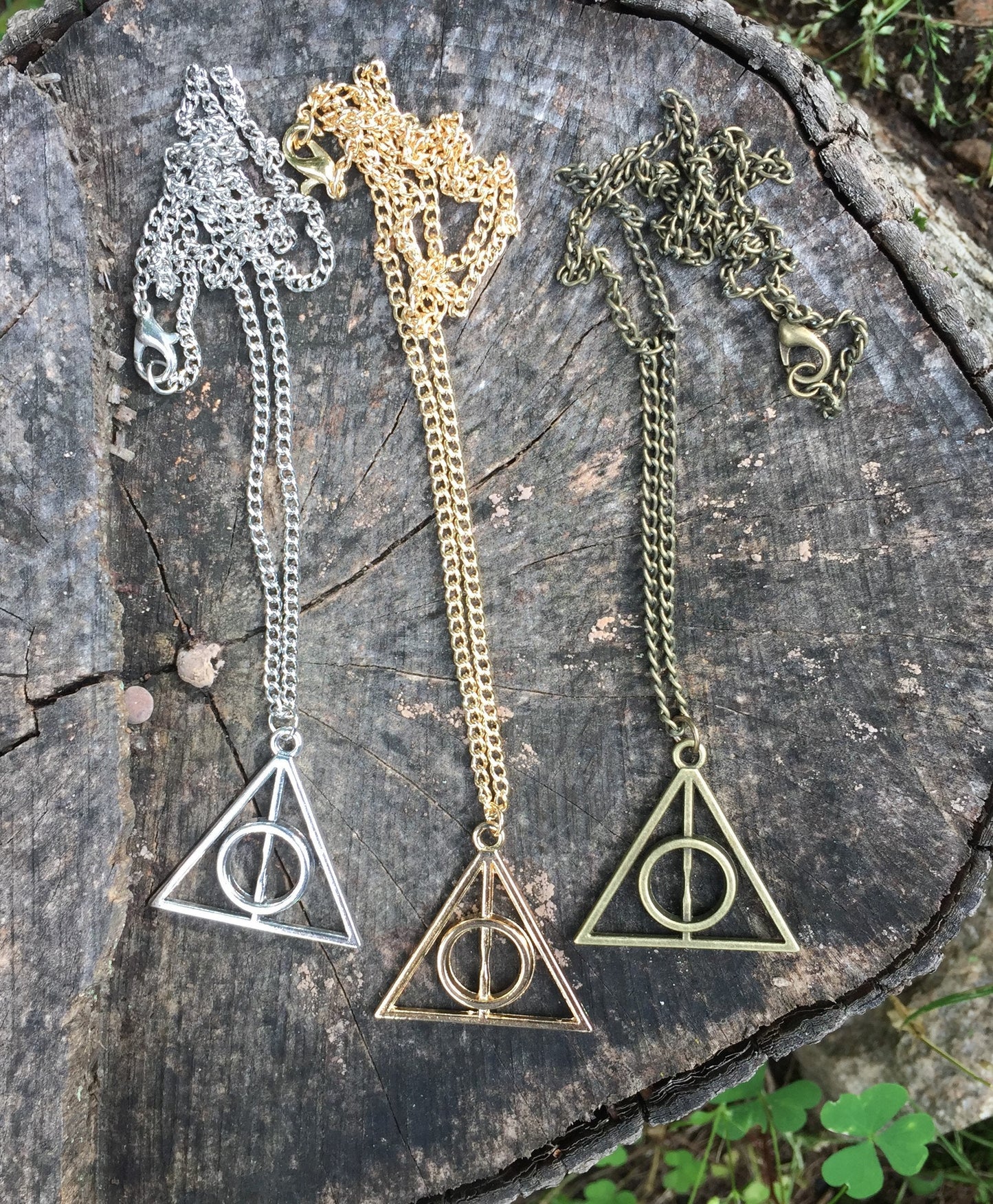 HP Inspired Wizard Cloak Stone Wand Silver Gold Bronze Necklace Pendant, Bookish Jewelry, Gifts for Readers