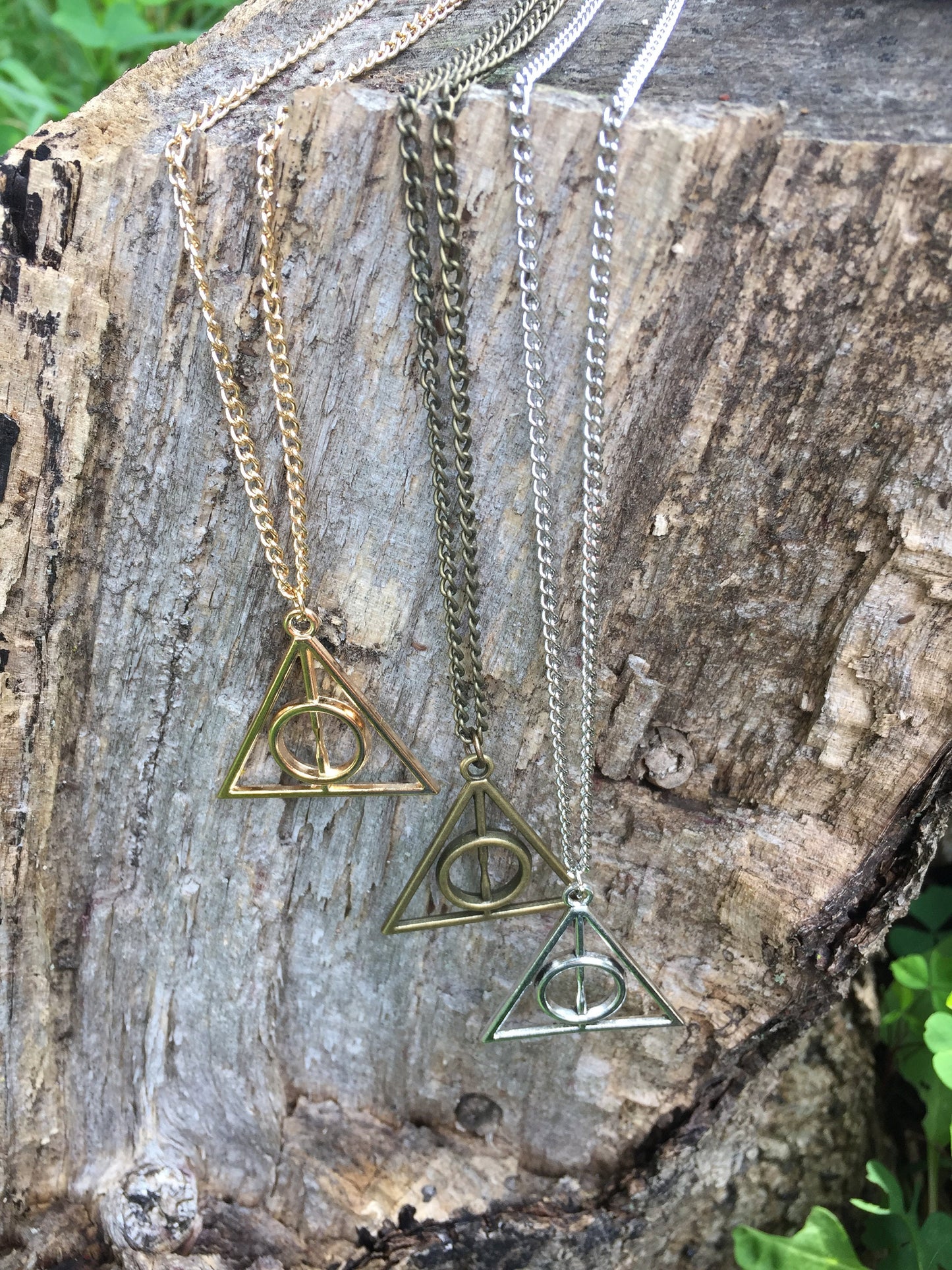 HP Inspired Wizard Cloak Stone Wand Silver Gold Bronze Necklace Pendant, Bookish Jewelry, Gifts for Readers