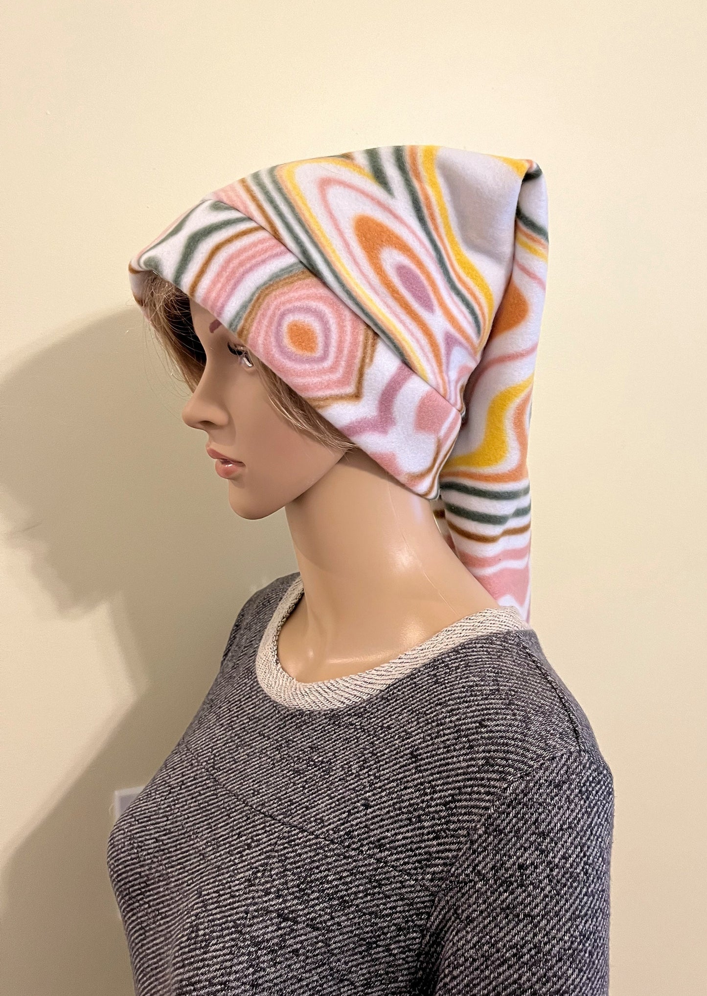 White Pink Yellow Swirl Pixie Hat Long Elven Cap in Bright Warm Fleece