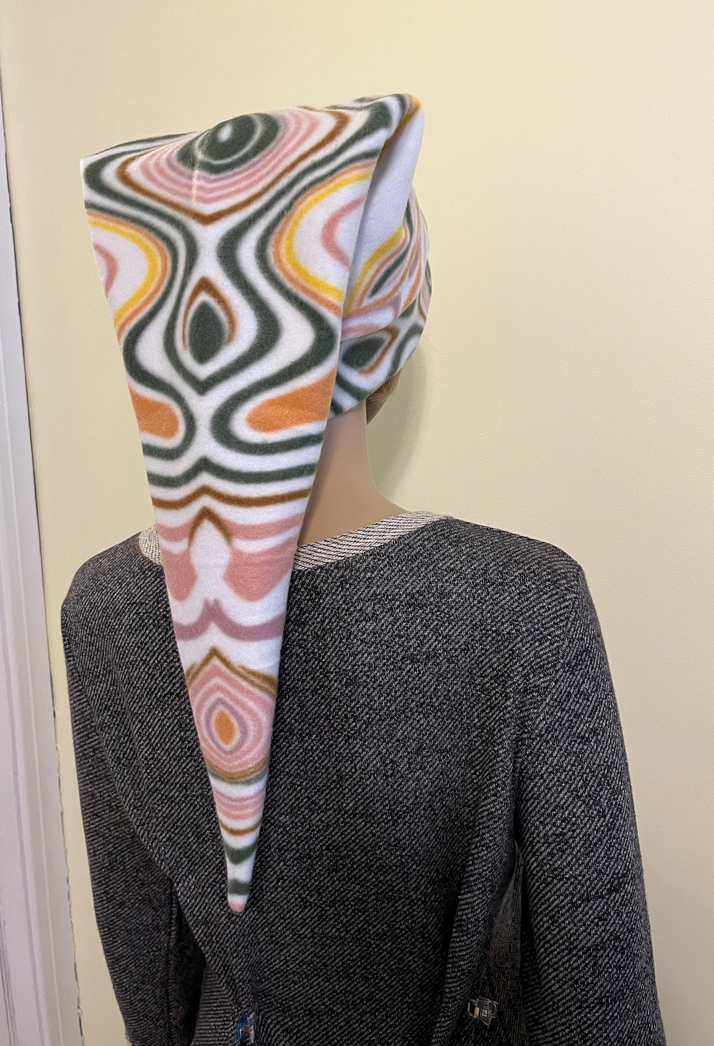White Pink Yellow Swirl Pixie Hat Long Elven Cap in Bright Warm Fleece