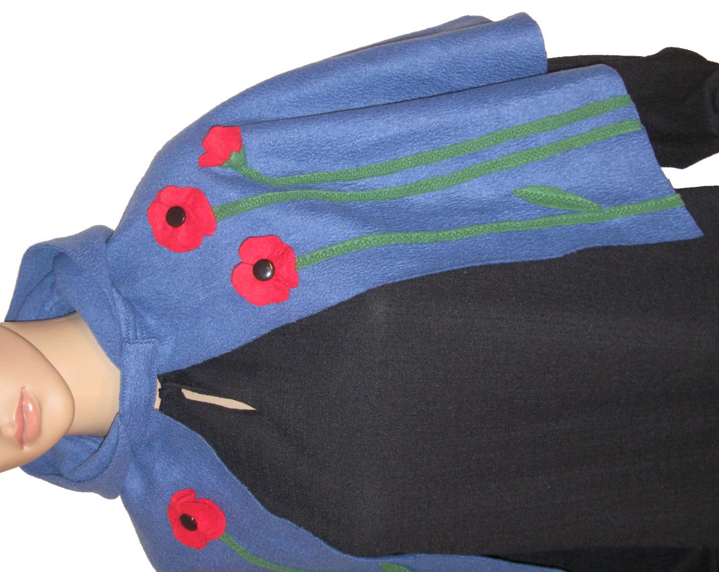 Hooded Capelet with Flowers, Fairytale Cape, Blue Hooded Poncho, Elven Cape Cloak, Red Poppy Flowers, Halloween, Cosplay