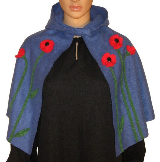 Hooded Capelet with Flowers, Fairytale Cape, Blue Hooded Poncho, Elven Cape Cloak, Red Poppy Flowers, Halloween, Cosplay