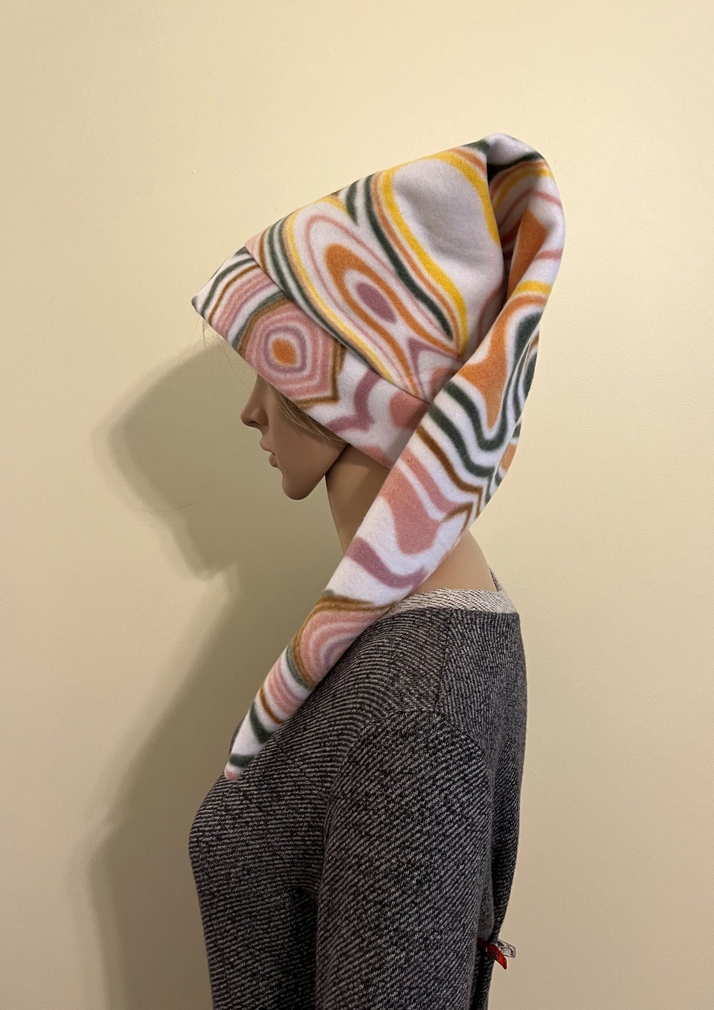 White Pink Yellow Swirl Pixie Hat Long Elven Cap in Bright Warm Fleece