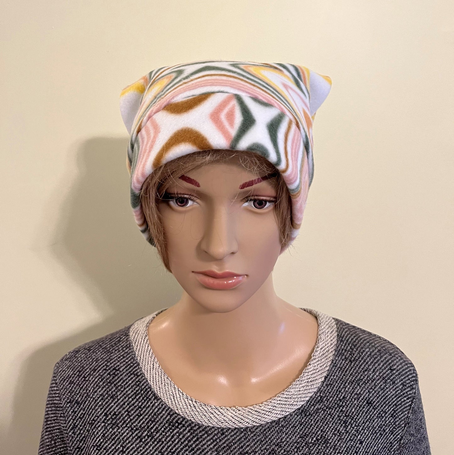 White Pink Yellow Swirl Pixie Hat Long Elven Cap in Bright Warm Fleece